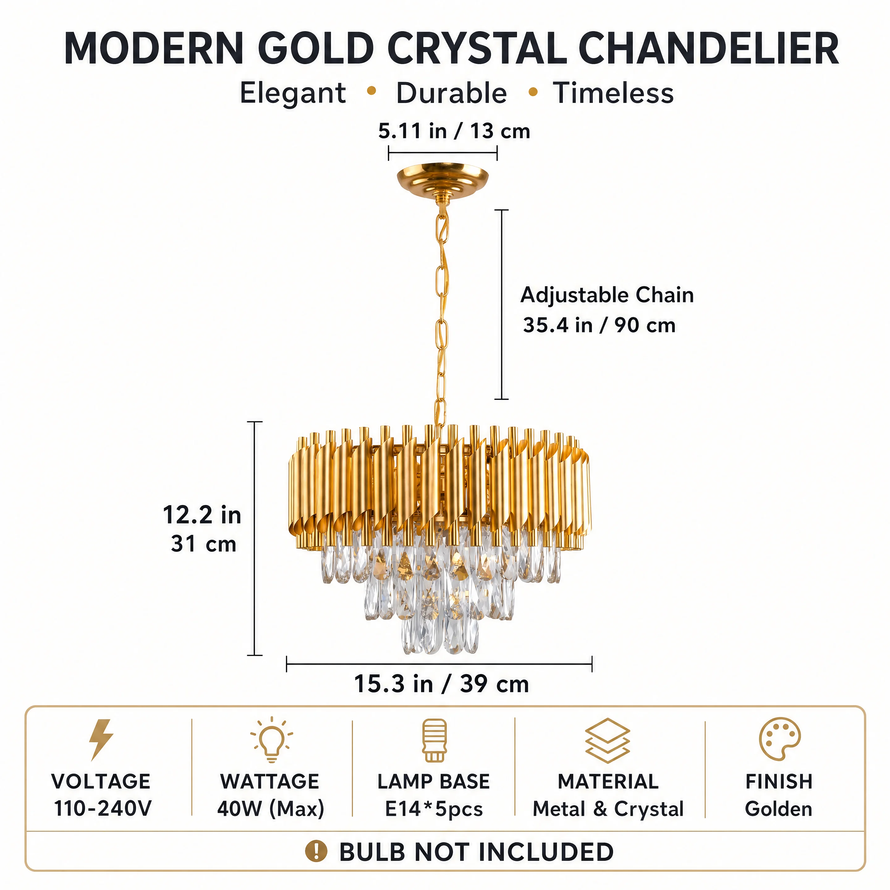 Modern Gold Metal Tube Crystal Chandelier Round Pendant Light K9 Crystal Hanging Lamp for Living Room Dining Room Bedroom Home D
