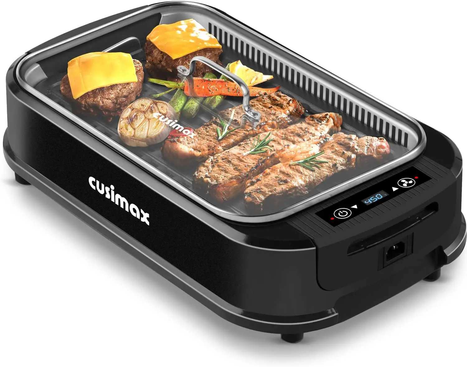 

1500W Portable Korean BBQ Grill with LED Smart Display & Tempered Glass Lid, Non-stick Removable Plate, Dishwasher Safe, Black