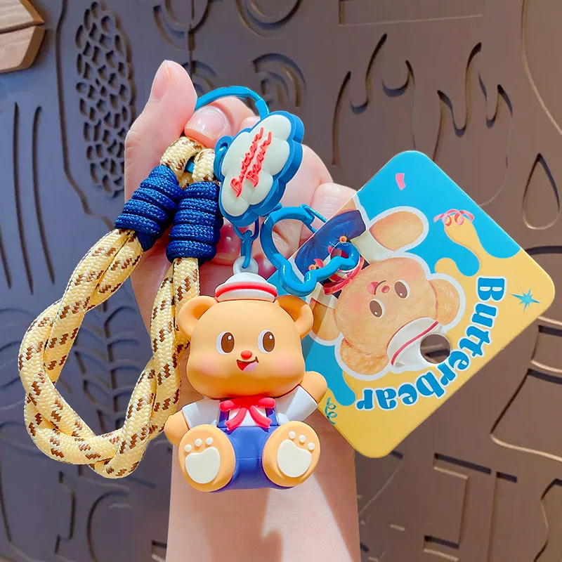 Cartoon Nautical Helmsman Butter Bear Picnic Basket Hot Dog Key Chain Cute Gymnastics Cream Bear Play Tennis Animal Doll Keyring