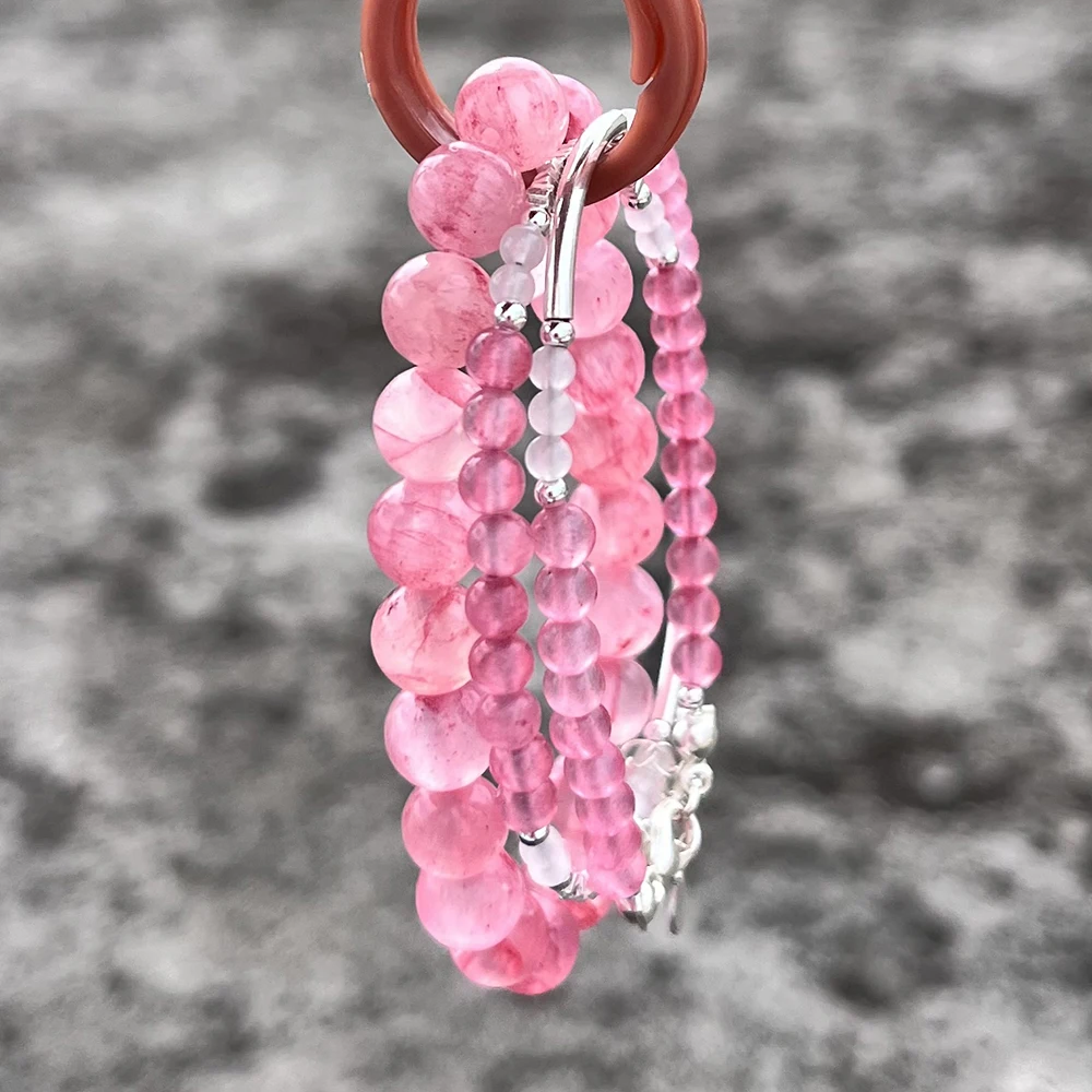 Pink Persian Jade Beads Bracelet Double Ring Lock 925 Silver Bracelet Sweet Niche Good Luck Size Customization Creative Gift Box