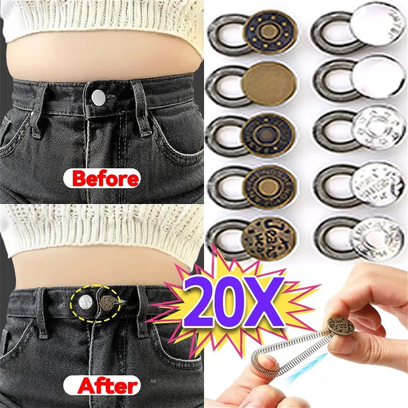 20pcs Metal Button Extender Pants Jeans Free Sewing Adjustable Retractable Waist Extenders Button Flexible Waistband Expander