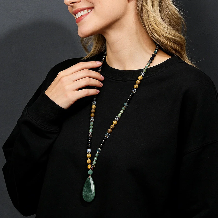 Fashionable Natural Stone Beaded Sweater Chain, Exquisite Handcrafted Long Necklace, Women's Fashion Jewelry, Ideal Gift Choice.