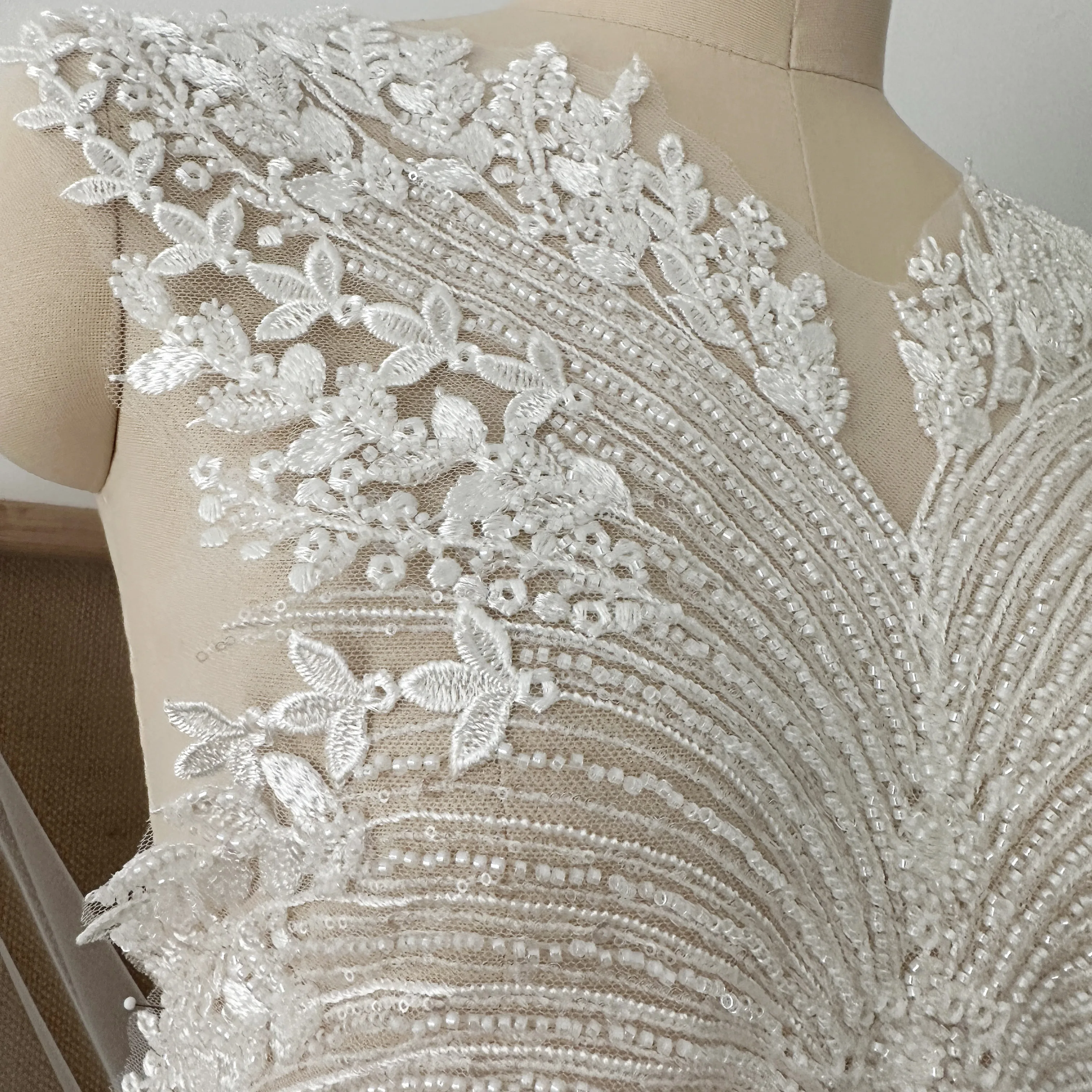 1 Piece Large 3D Tiny Pearl Beaded Bridal Bodice Lace Applique , Beading Wedding Accessories in Ivory