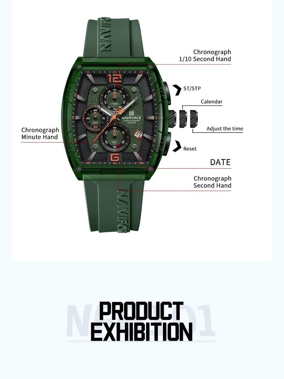 Naviforce NF6101 Jam Tangan Pria Chronograph Kualitas Tinggi Jam Tangan Kuarsa Mewah Silikon Bercahaya Tahan Air