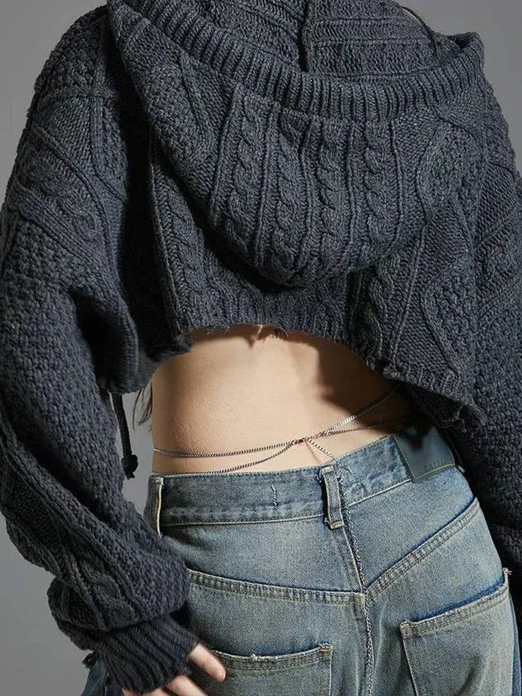 Solid Hoodie Sweaters Women Autumn Winter Casual Knitted Loose Crop Sweater Coat Vintage Korean Female Hooded Knitwear