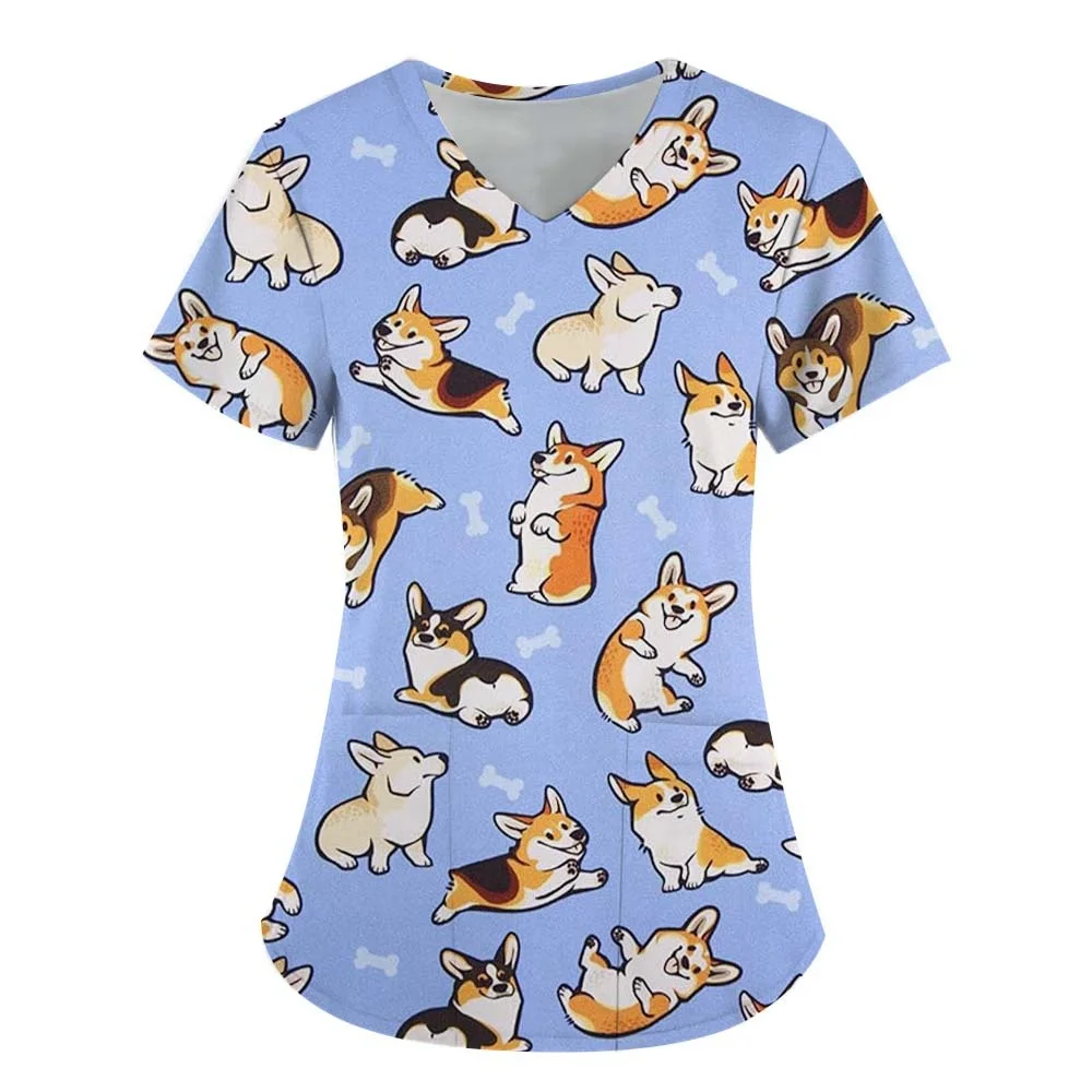 2025 Summer Women's Top Cute Cartoon Animal Dog 3D Print V-Neck T-shirt Casual Daily Nurse Uniform Style Fashion Short Sleeve