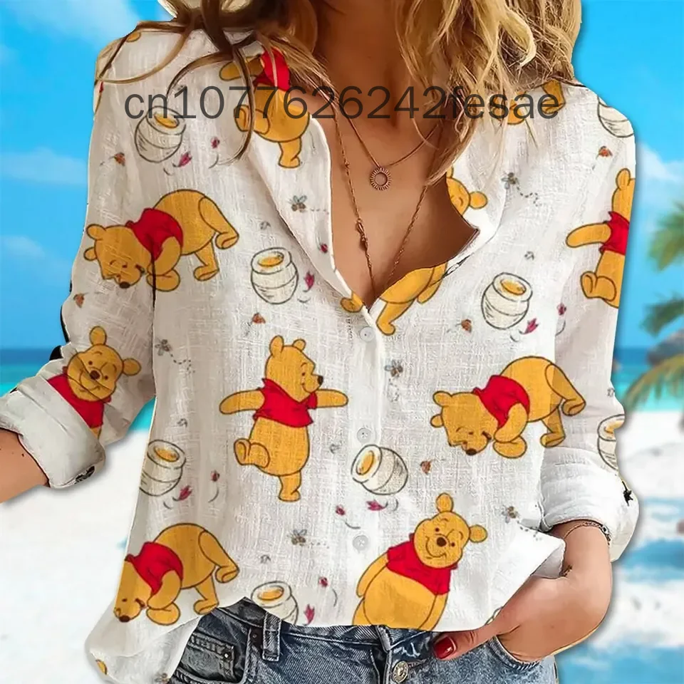 Winnie The Pooh Linen Shirt Winnie The Pooh Women Casual Spring And Autumn Long Sleeve Casual Shirt Autumn Elegant Print  Shirt