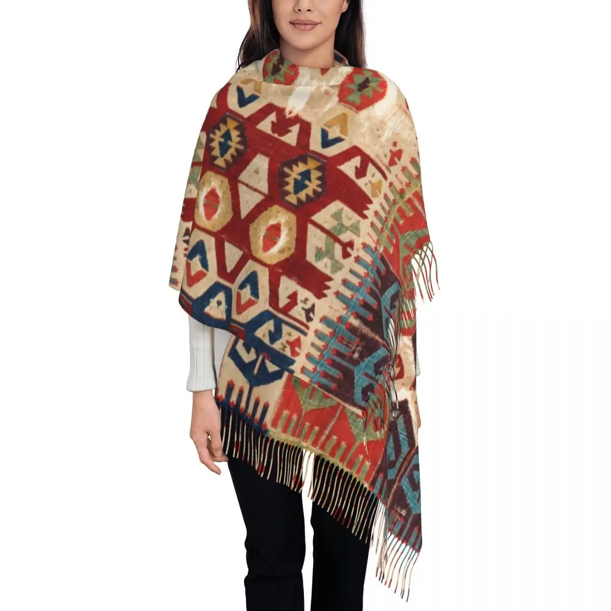 Aksaray Tribal Antique Turkish Kilim Print Tassel Scarf Women Soft Vintage Ethnic Art Shawl Wrap Lady Winter Fall Scarves