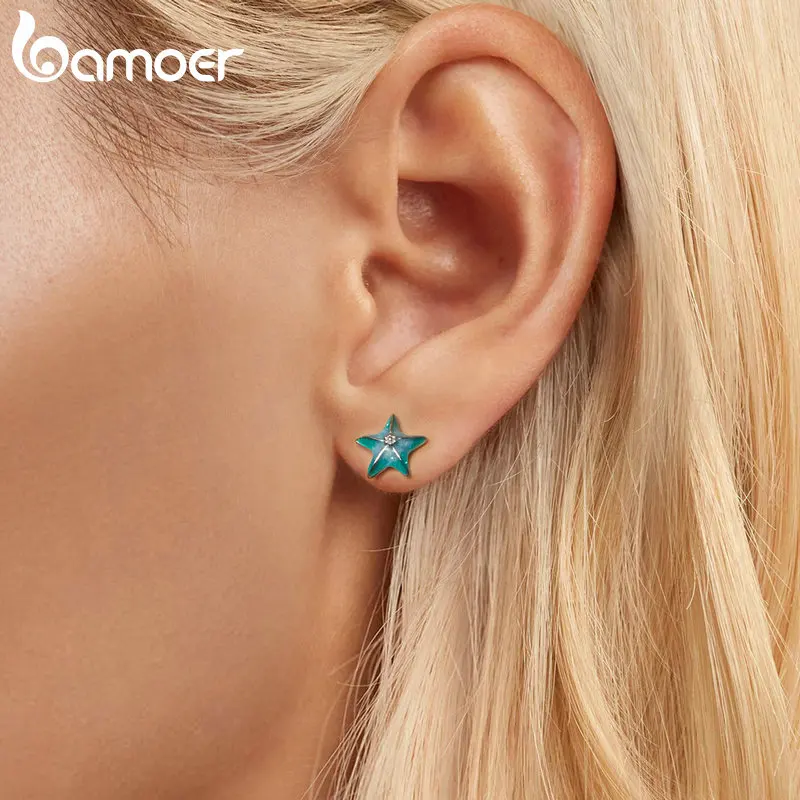 Bamoer Real 925 Sterling Silver Cute Shell meduse Mermaid Starfish orecchini Ocean Ear Buckles For Women Fine Jewelry