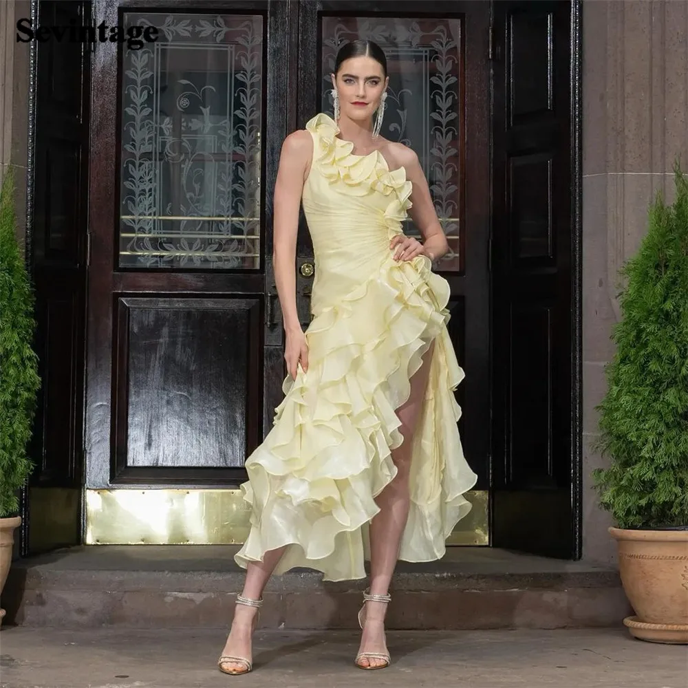 Sevintage Princess Yellow Chiffon Prom Dress A-Line One Shoulder Ruffles Formal Evening Dress Slit Ankle Length Party Gowns 2024