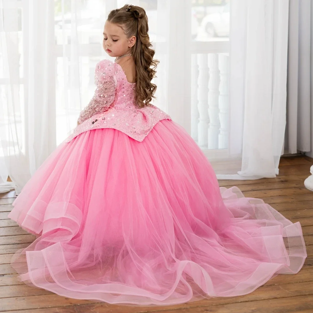 فستان أنيق لفتاة الزهور لحفلات الزفاف بأكمام كاملة من التول والترتر مع فساتين حفلات أعياد الميلاد للأطفال فساتين سهرة مخصصة