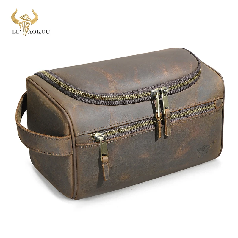 Vintage Top Quality Crazy Horse Leather Handmade Travel Make Up Washroom Toiletry Bag for Women Men - Dopp Kit - Shaving Kit 776