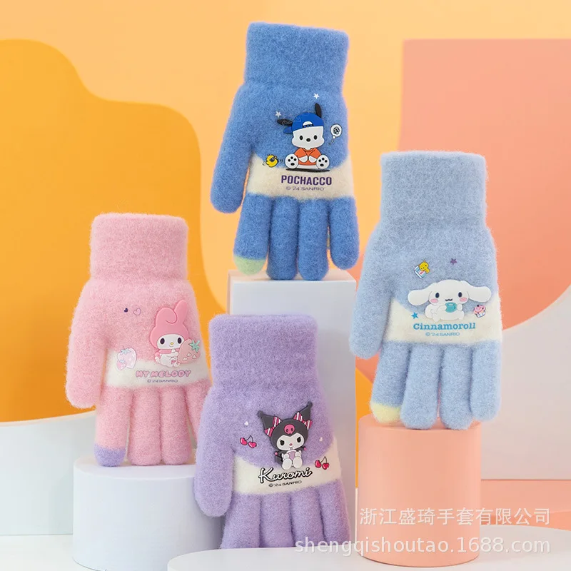 Kawaii Cinnamoroll Kuromi Cute Kids Knitting Five Finger Gloves Cartoon Soft Outdoor Cold Proof Warm Student Flip Cover Gloves