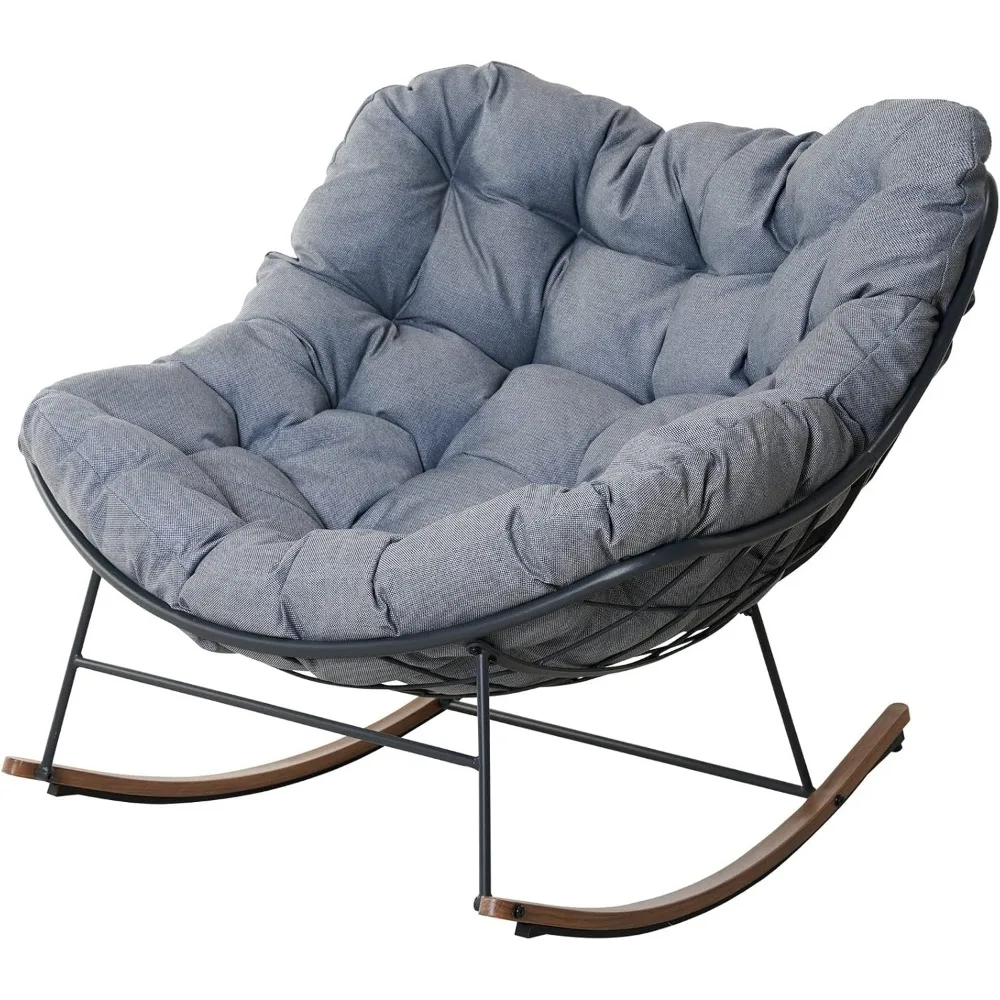 Living Room Rocking Chair with Thick Cushion, Metal Papasan Rocking Chair Indoor