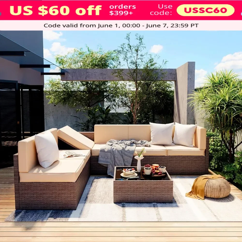 

Patio Furniture Set, 7 Pieces Wicker Patio Sectional Sofa, with Coffee Table and Washable Cushions Covers, Garden Furniture Set