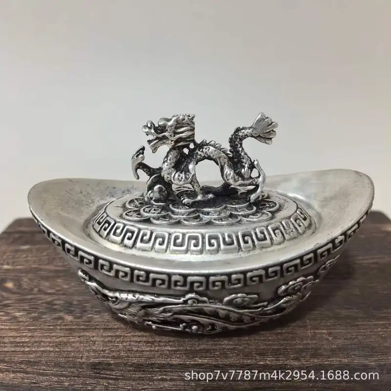 Brass craft piece silver plating, featuring a dragon, phoenix, qilin with a lid, and a gold ingot, for home decoration