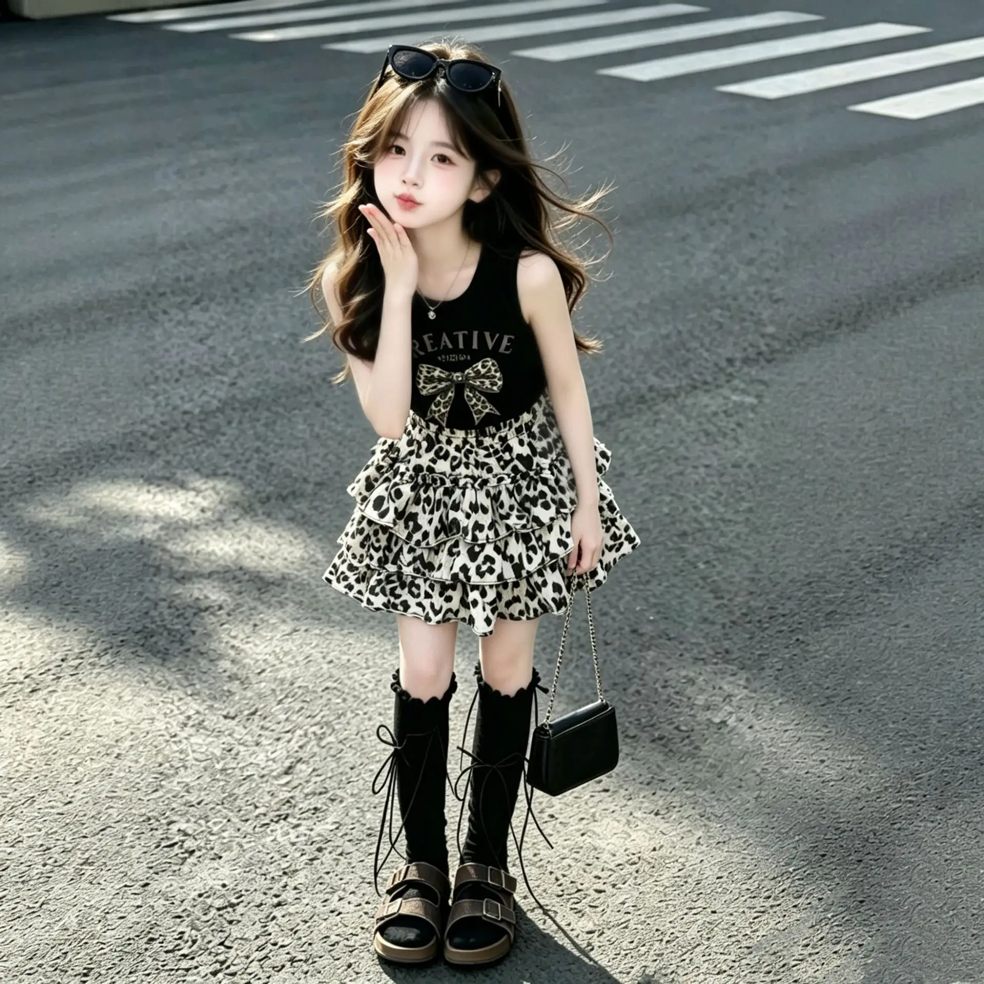 Summer Girls Set 2026 Sweet Girls Korean Medium Large Bow Knot Sleeveless Top Leopard Skirt Two Piece Set