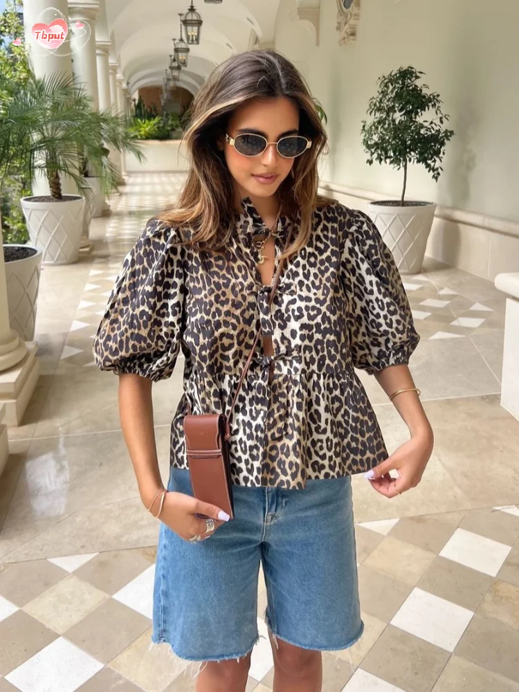 Fashion Leopard Print Short Sleeve Women's Blouses Casual Lace Up Single Breasted O Neck Shirt Spring Summer Beach Travel Tops