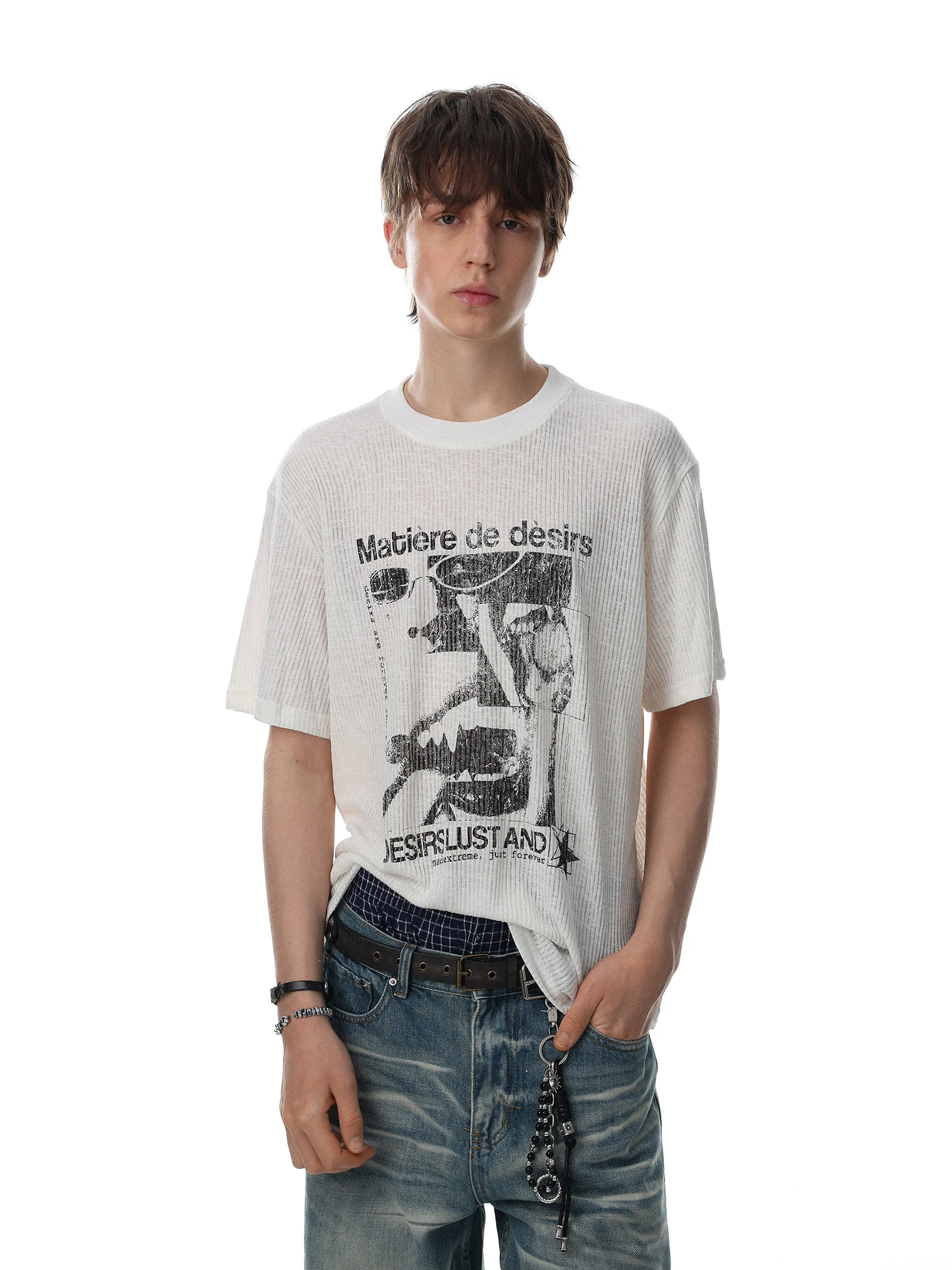 MRNEARLY American Retro Texture Fun Portrait Print Knitted Short Sleeve Men's T-shirt 2026 New Loose Fit Breathable Top