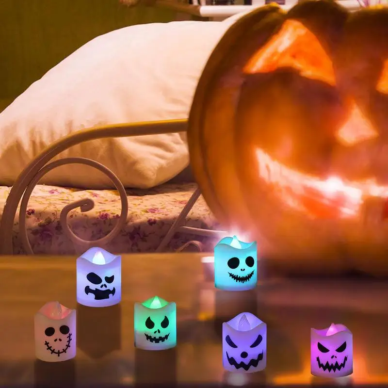 6 sztuk kreatywne Halloween świece elektroniczne duch migoczące świece bezpłomieniowe upiorne zasilane bateryjnie podgrzewacze LED Decor