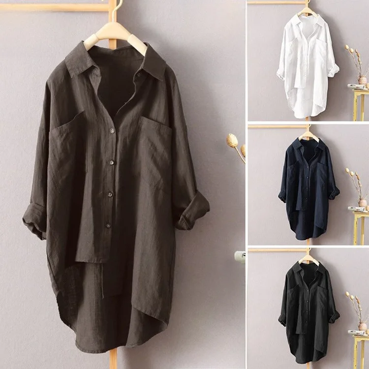Damska odzież plus size, lniana koszula codzienna, długa, zapinana na guziki, luźny krój, do pracy, jednolity kolor, lato 2023