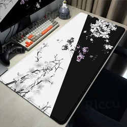 Large Black and White Cherry Blossom Game Mouse Pad Xxl Extended Deskmat Lock Edge Keyboard Mat Non-slip Rubber YinYang Mousepad