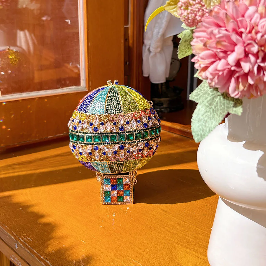 small creative hot air balloon shiny diamond-encrusted colorful full diamond dinner bag niche design metal messenger bag