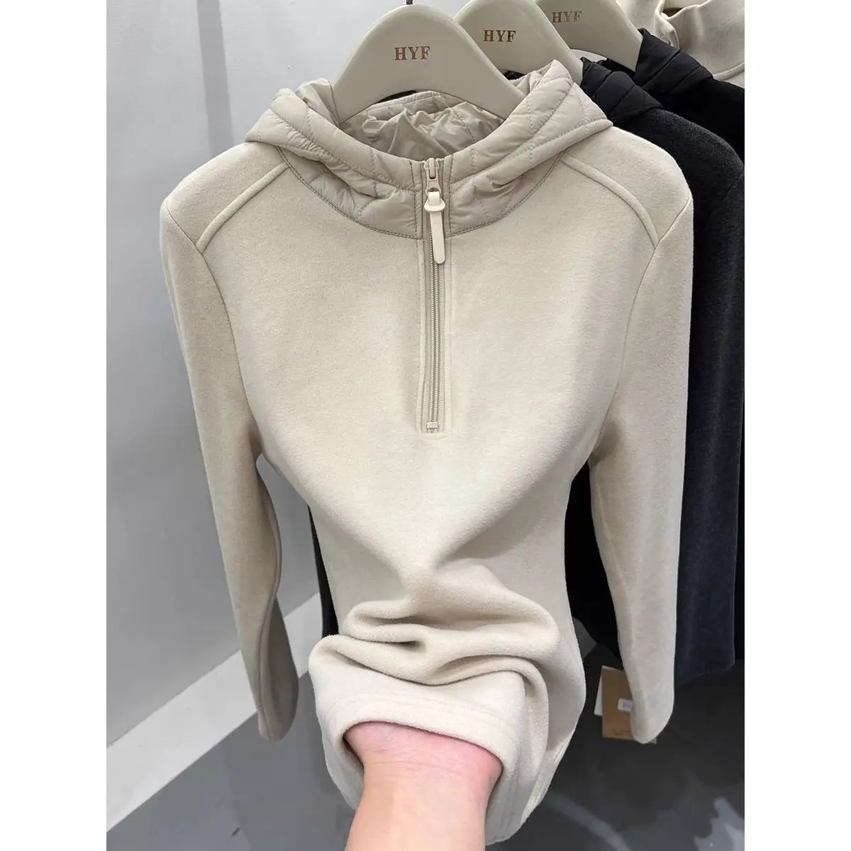 

Half Zipper Solid Color Hooded Sweater Women's Bottoming Shirt Autumn and Winter New Design Sense Long Sleeve Top Warm Hoodie