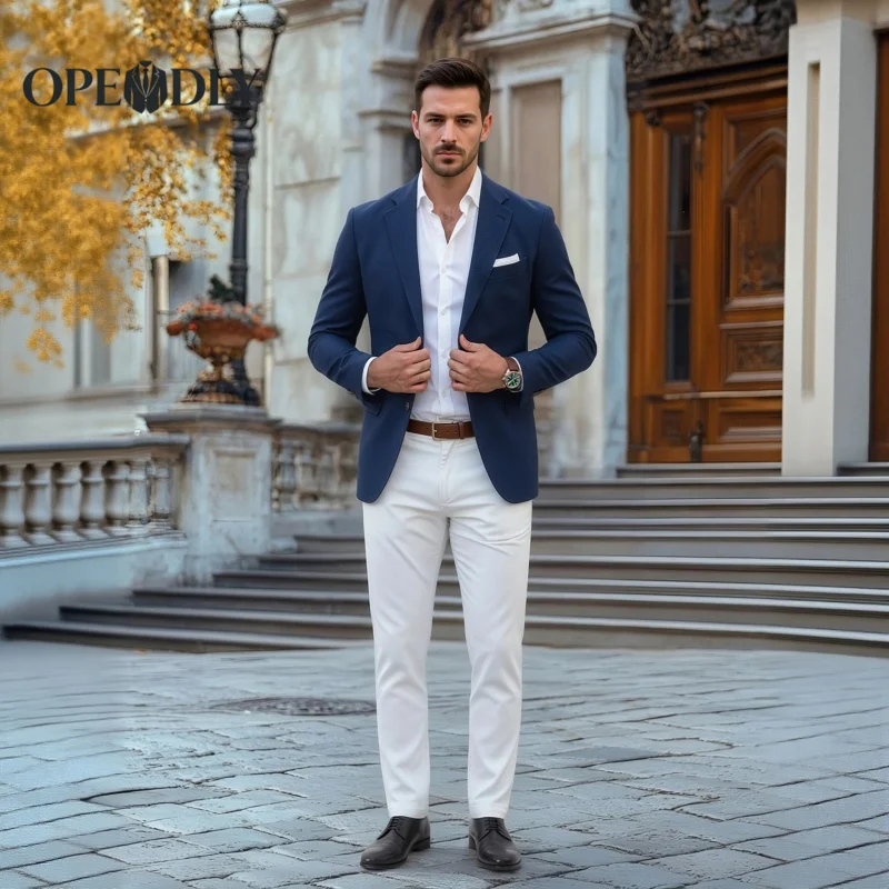 

OPEODLY 2 Pieces Men Suit One Button Elegant Slim Fit Male Groom Back Vent Wedding Party Dress Business Office Customized