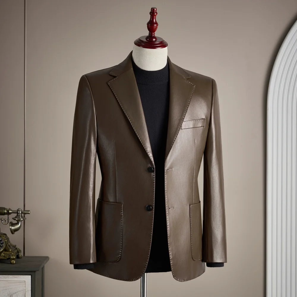 

Autumn Winter New Vintage Leather Jacket Highend Fashion Solid Slim Fit Suit Coats Men Business Casual PU Leather Suit Tuxedo