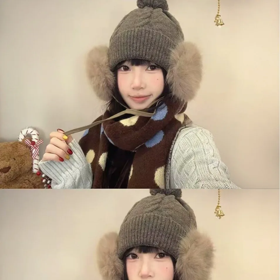 2026 Korean Retro Gray Plush Knitted Hat Women Autumn Winter Thickened Warm Face Slimming Pullover Cold-proof Hat