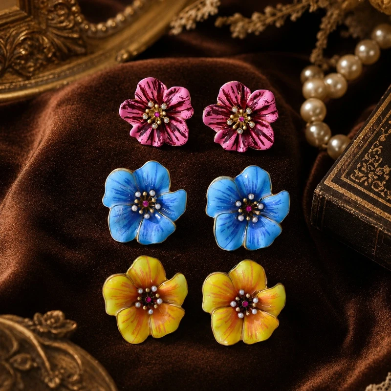 

Vintage Multicolor Enamel Flower Rhinestone Earrings for Women Elegant Floral Statement Earrings Fashion Jewelry Party Gift