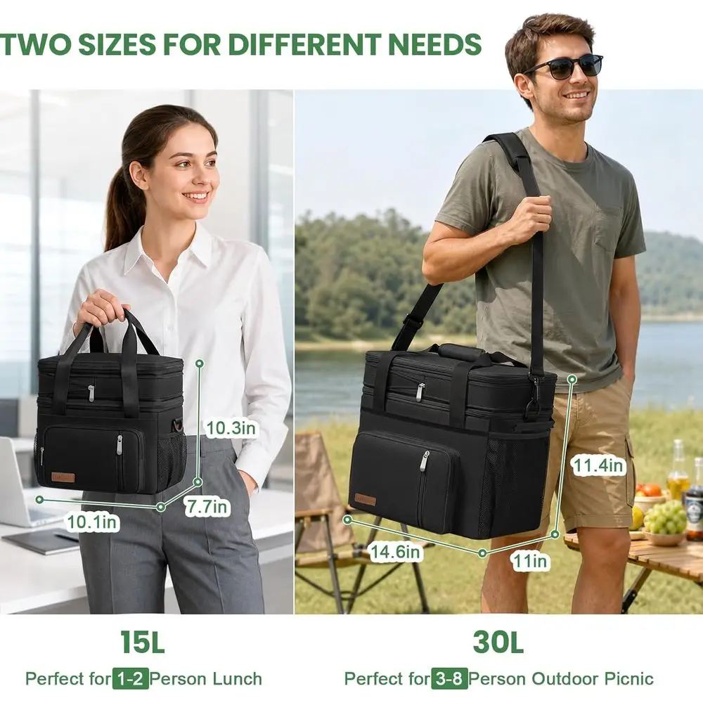 Double Deck Insulated Cooler Bag - 15L for Men & Women, Ideal for Camping, Beach, Picnic, Travel (Black)