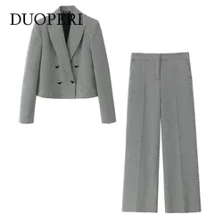 DUOPERI Women Fashion 2 Piece Set Plaid Cropped Blazer & Front Zipper Trousers Feamle Chic Pants Sets