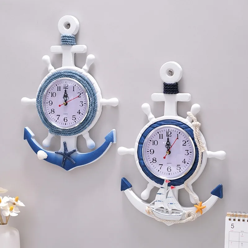 ​​​​​​​Vintage Mediterranean Style Nautical Wall Clock Creative Ship Wheel Anchor Design Electronic Decorative Clock for Kitchen