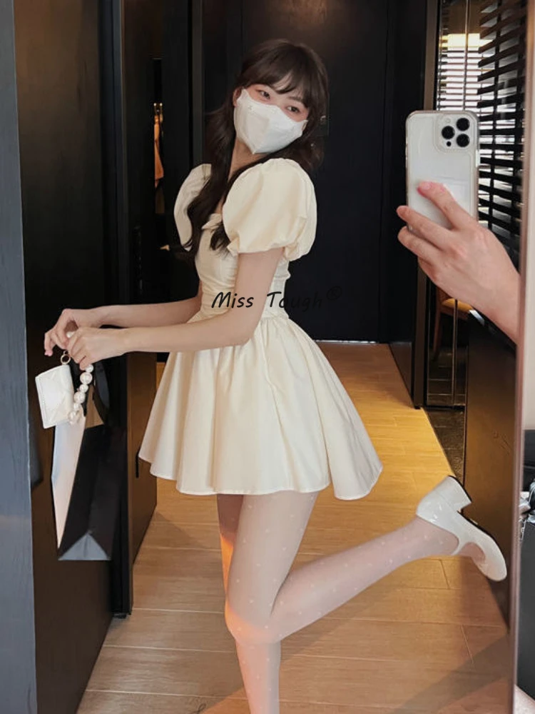 Summer Kawaii Elegant Mini Dress Women Korean Fashion Backless Sweet Cute Dress Off Shoulder Fairy Casual Short Party Dress 2022