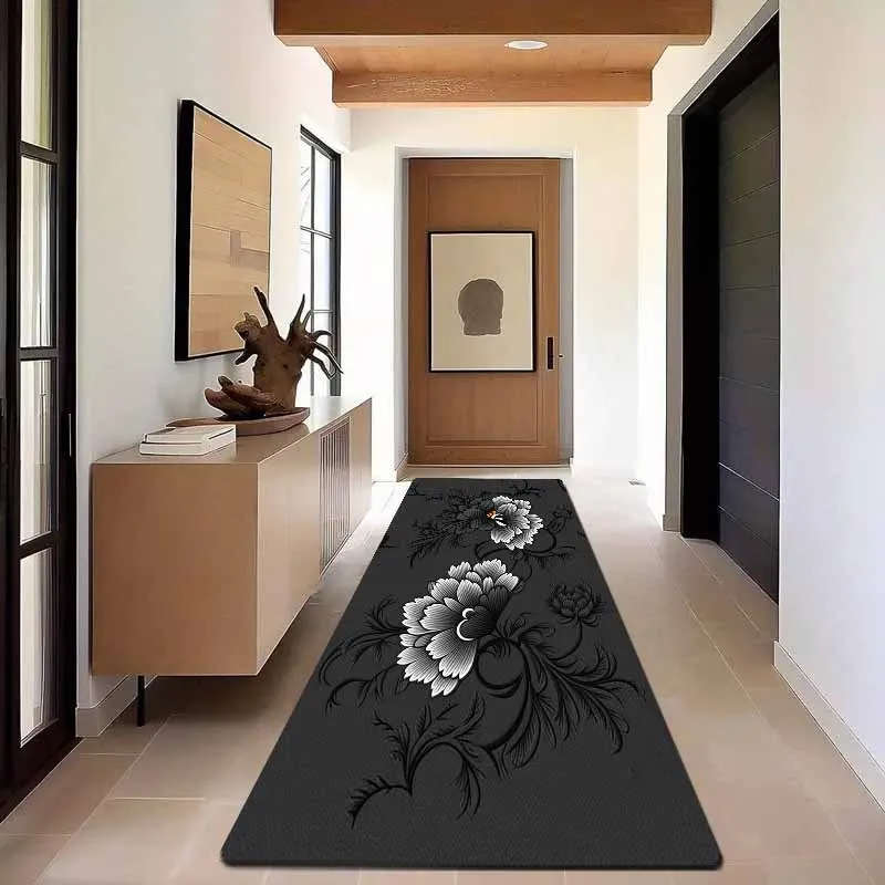 1pc Thick 1.1Cm Kitchen Floor Mat, Black Embroidered Pattern Printed Floor Mat Thickened Wear-Resistant Suitable for Kitchen L