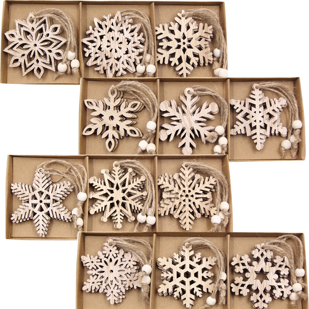 12PCS/Box Wooden Snowflake Crafts Vintage Pendants Xmas Hanging Ornaments for Noel Tree Decorations Kids DIY Painting Gifts