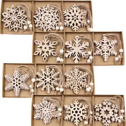 12PCS/Box Wooden Snowflake Crafts Vintage Pendants Xmas Hanging Ornaments for Noel Tree Decorations Kids DIY Painting Gifts