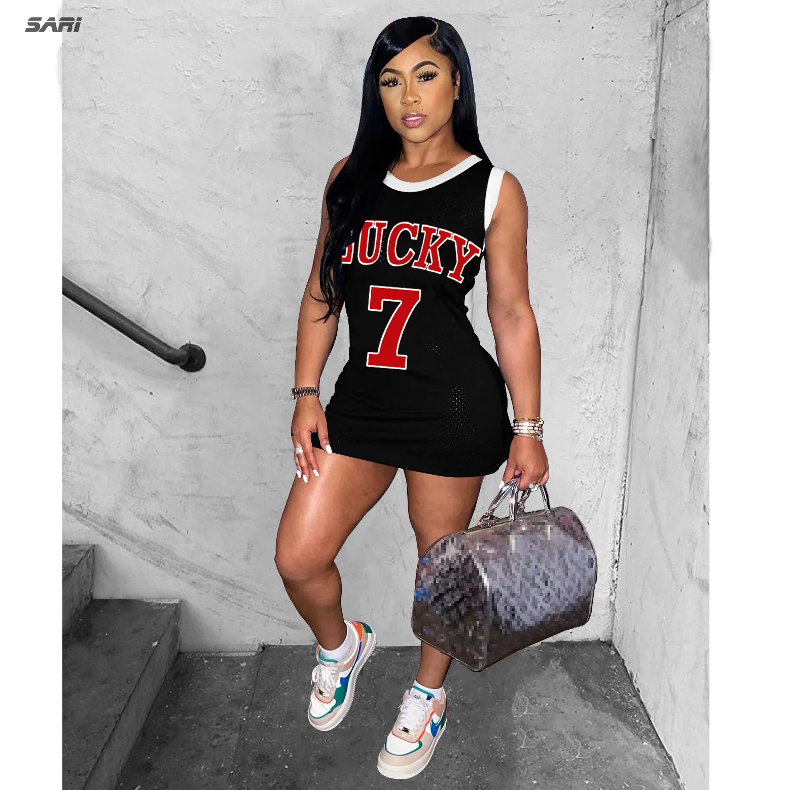 Summer Women Mesh Dress Campus Style Letter Print Simple Sports Tank Top Mini Skirt Fashion Round Neck Sleeveless Sexy Clothing