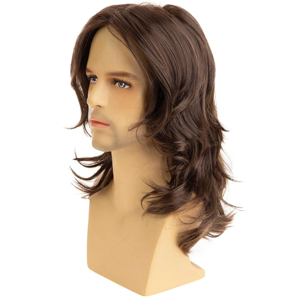 Peluca rizada de longitud media para hombre, pelucas de fibra sintética resistentes al calor, color marrón Natural, con flequillo lateral, pelucas de uso diario