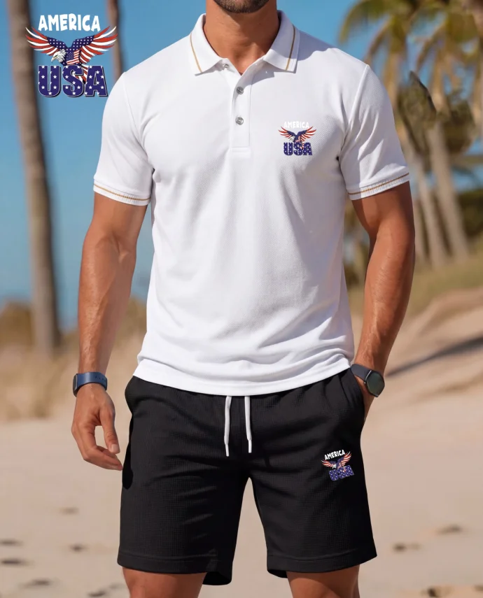 

Men's 2 Piece Casual Short Sleeve Polo Shirt & Shorts Set Summer Beach Sports Outfit with Badge Logo