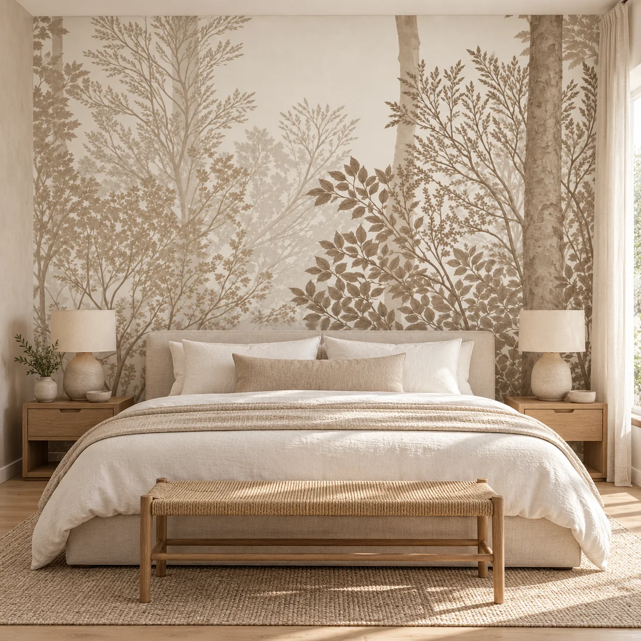Forest Wall Mural Beige Botanical Trees Neutral Woodland Wallpaper Non Self Adhesive Living Room Bedroom Natural Wall Decor Home