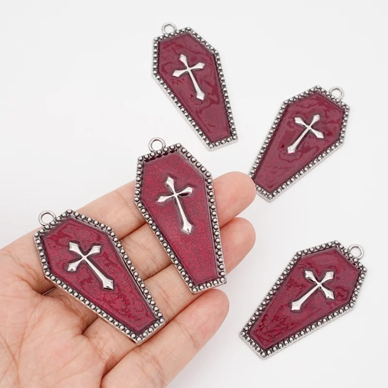 1Pcs Gothic Red Coffin Cross Pendant Silver Bead Bordered Coffin Pendant Necklace Earrings Bracelet Jewelry Making Supplies