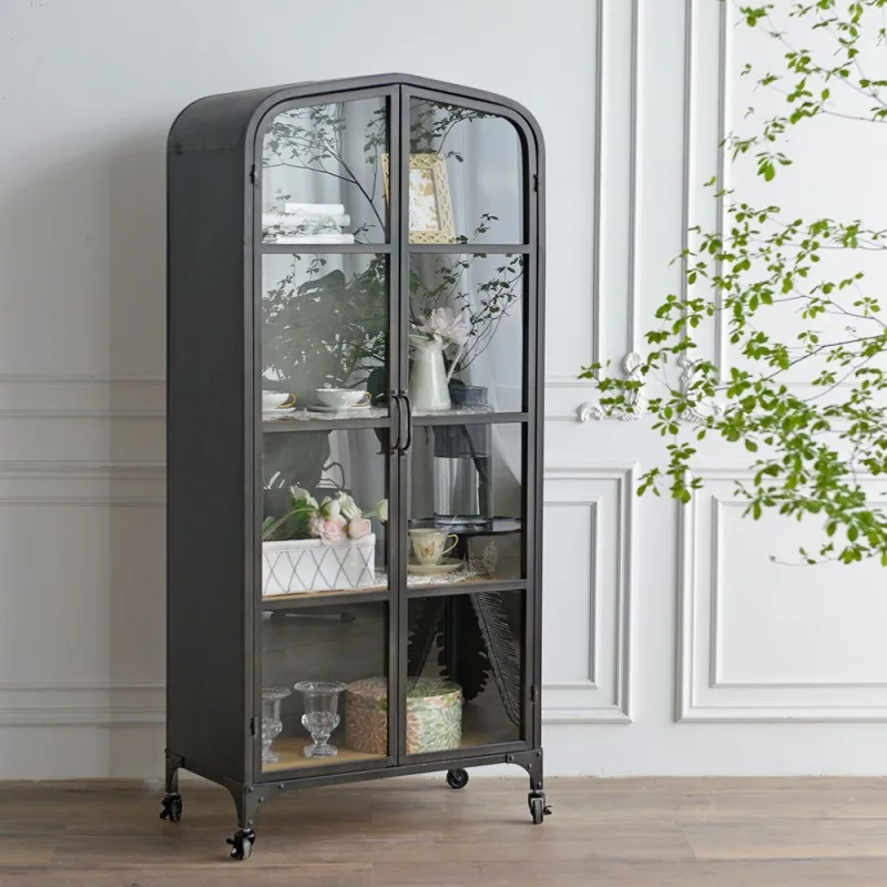 Simple black wrought iron glass wine cabinet, living room study, bookcase opposite door, storage display cabinet, storage high