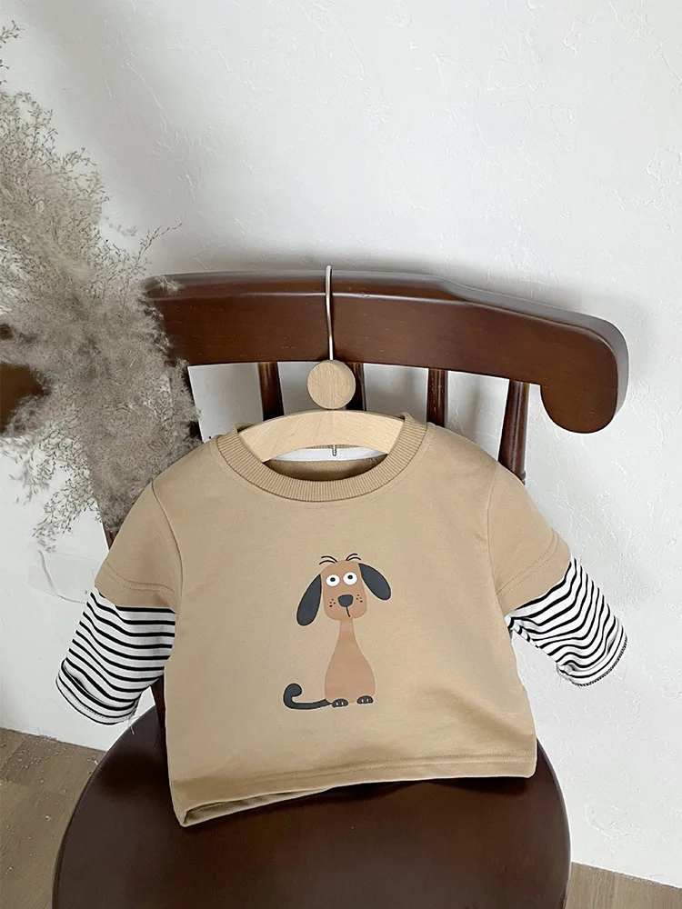 2024 Autumn New Baby Fake 2pcs Long Sleeve T Shirts Infant Boys Cotton Tops Toddler Girls Cartoon Print Casual Bottoming Shirts