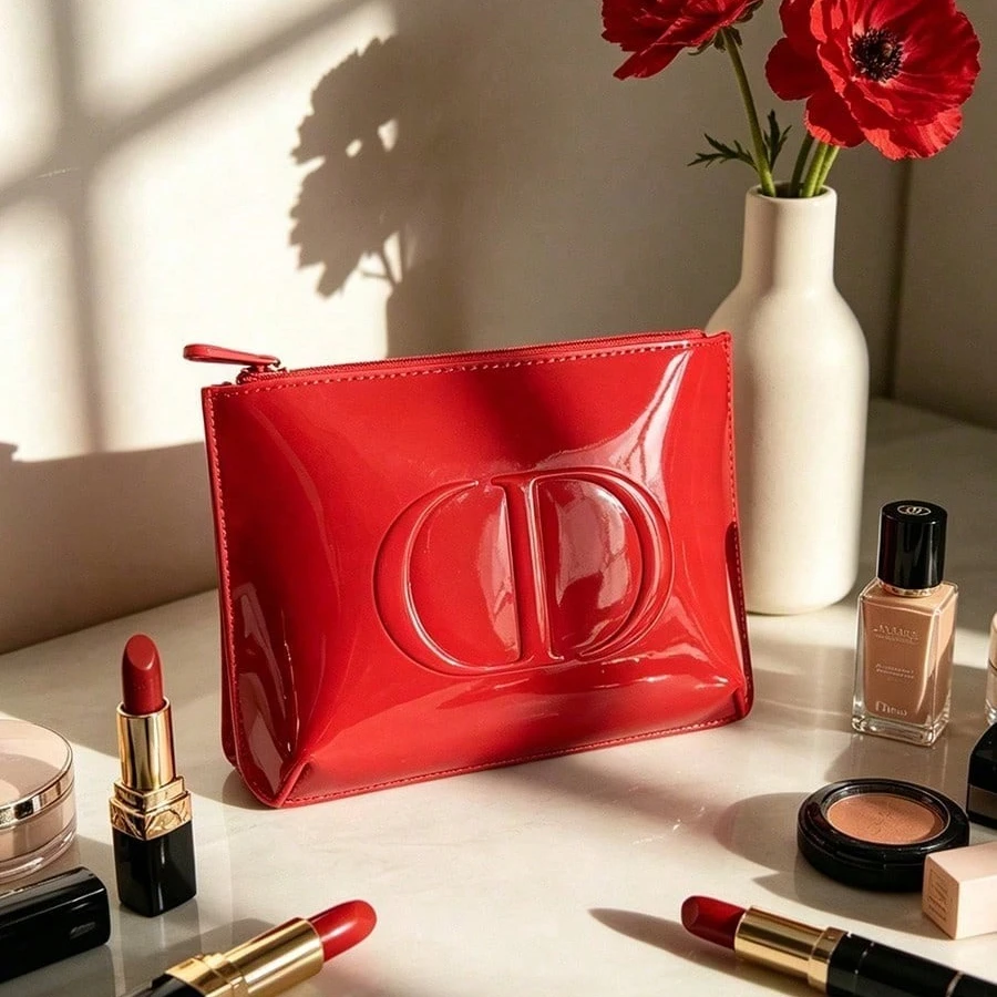 Dior’s bag Premium Fabric Red Cosmetic Bag For Lipstick Blush & Powder Puff Storage Portable Makeup Organizer Perfect For Girls - view 3