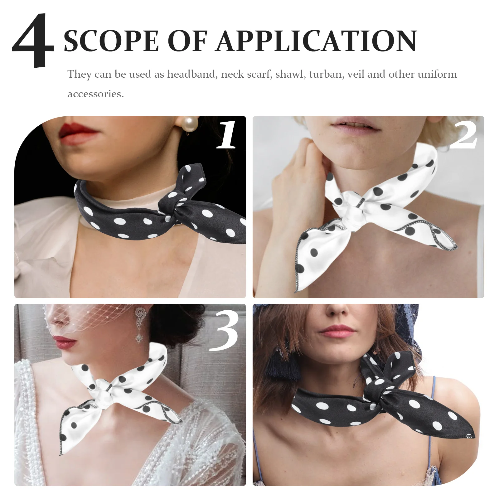 

4Pcs Dot Print Satin Square Scarves Retro Multi-Purpose Hair Wraps Neck Scarves Headbands for Women Fashionable Hair Accessories