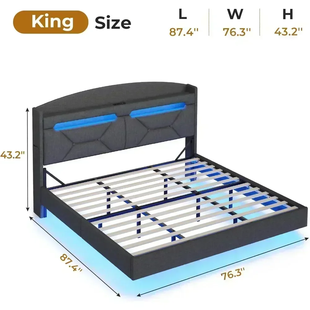 Bed Frame, with Type-C Charging Station& Hidden Storage Headboard, King RGB Floating Platform Bed, Bed Frame image 5