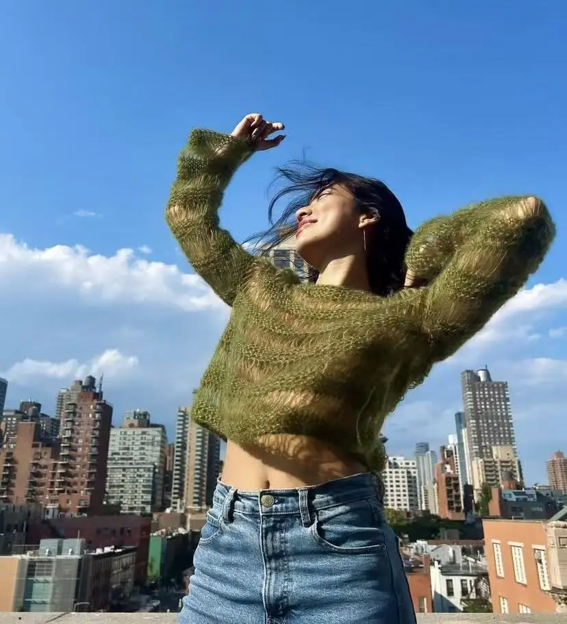 Long sleeved one cut collar elegant slim fit hollow out pullover sweater knitted sweater with bubble sleeves hand woven mohair